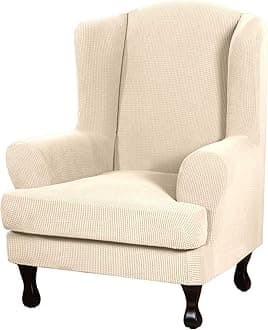 2 Piece Sofa Cover Spandex Jacquard Fabric Furniture Slipcover Stay in Place High Stretch Rich Jacquard Wing Back Armchair Slipcovers, Skid Resistance Machine Washable(Wing Chair, Natural)