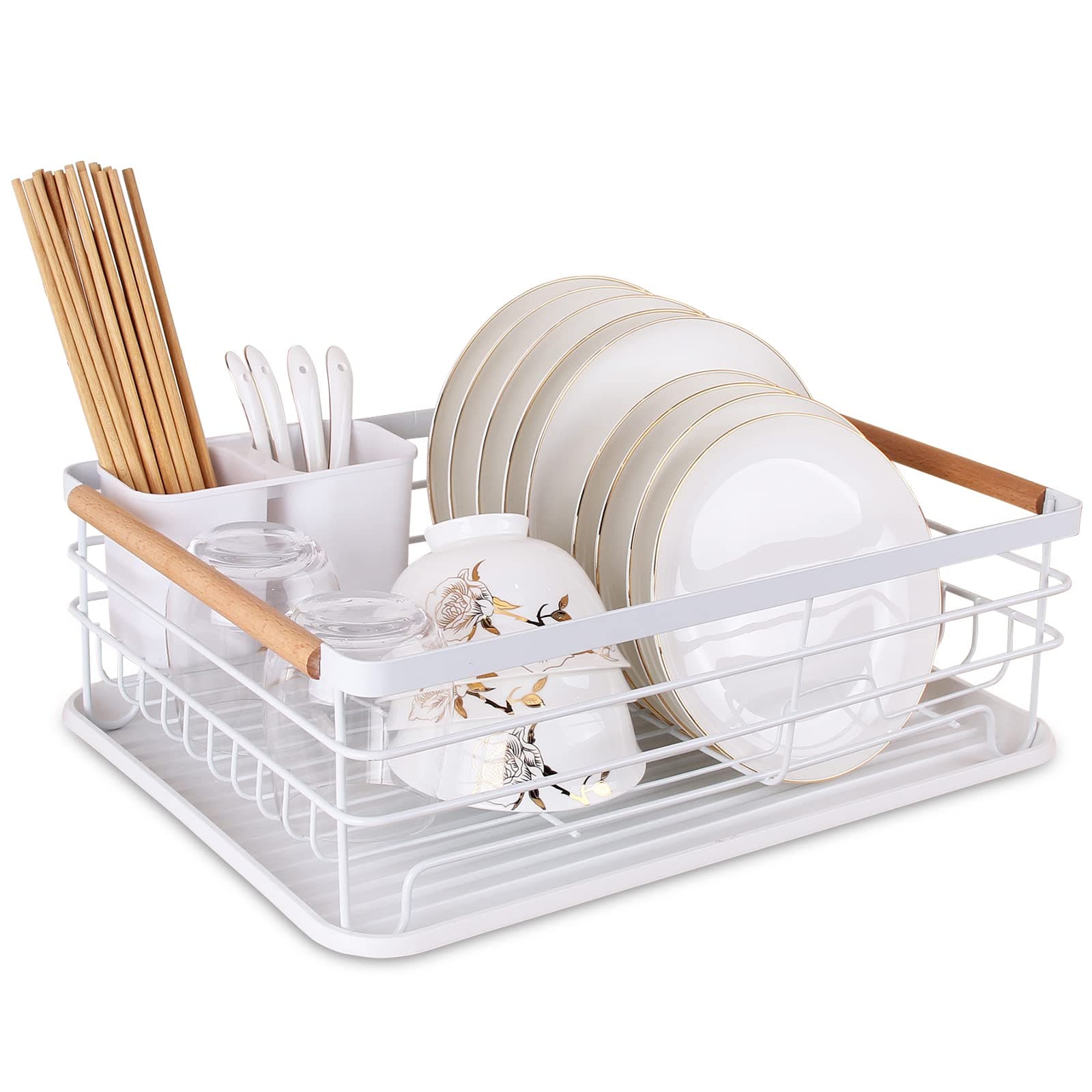 Dish Drainer Rack with Removable Drip Tray, Metal Kitchen Drying Rack Organiser with Wooden Handles, White, 43 x 30.5 x 14 cm