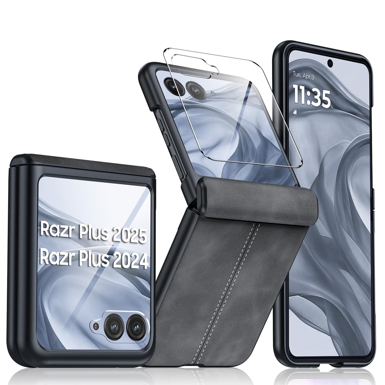 for Motorola razr+ Plus 2024 Case/Razr+ Plus 2025 Case Built-in Screen Protector& Hinge Protection & Ultra Thin PU Leather Matte PC Shockproof Phone Case for Moto Razr+ 2024/2025 (Black Gray)