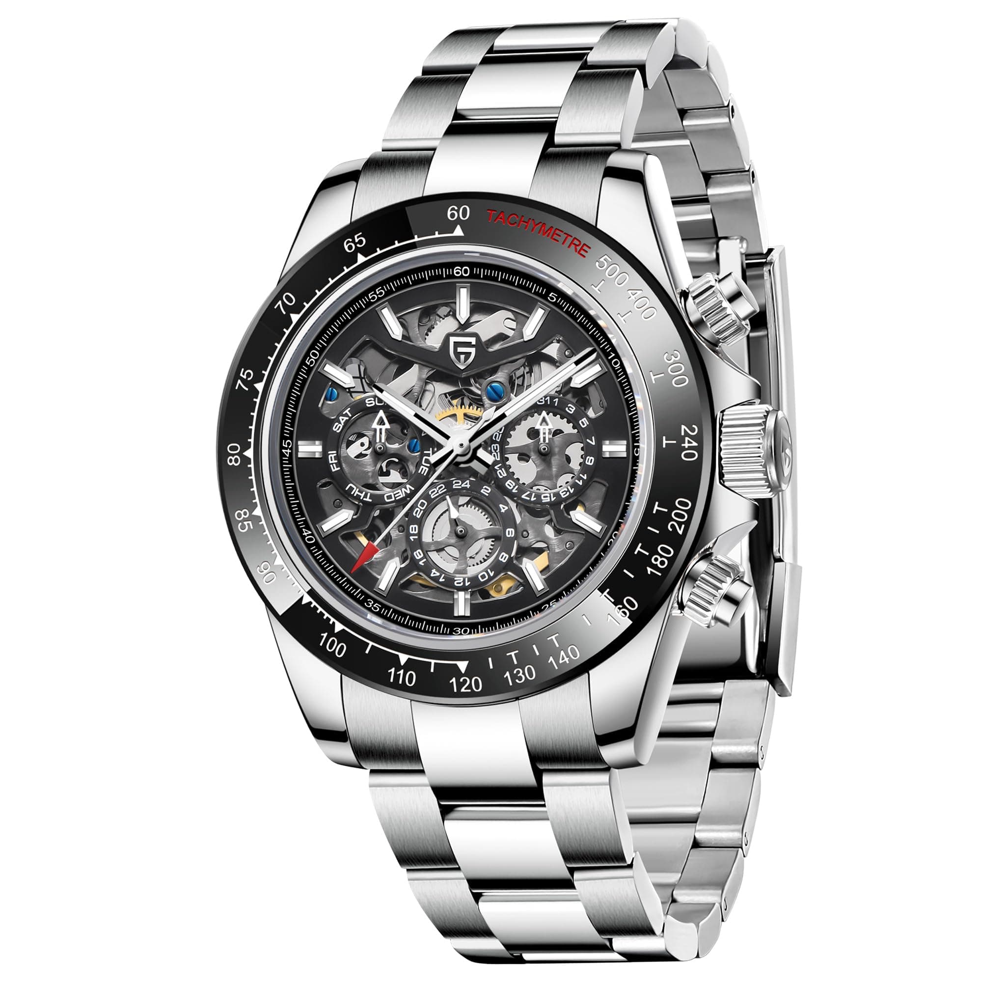 PAGANI DESIGN 1777 Men's Multifunction Automatic Mechanical Watch Skeleton Rainbow Bezel Stainless Steel Strap Waterproof Luminous Luxury Analog Watch