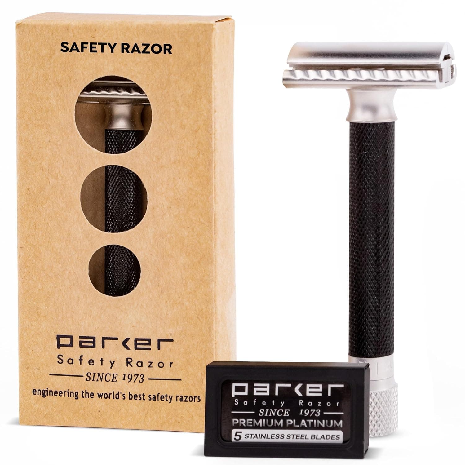 Parker Safety Razor Variant Adjustable Double-Sided Safety Razor and 5 Premium Blades - (Metallic) Graphite