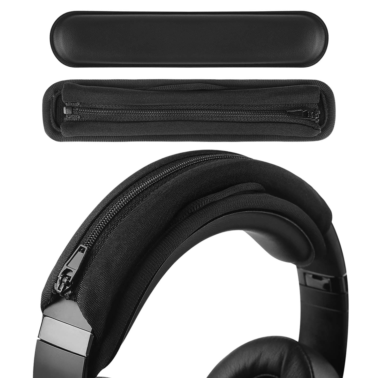 Geekria Hook and Loop Headband Cover + Pad Set, Protector with Zipper Closure Compatible with Medium Sized Headphones, Easy DIY Installation (Protein Leather/Black)
