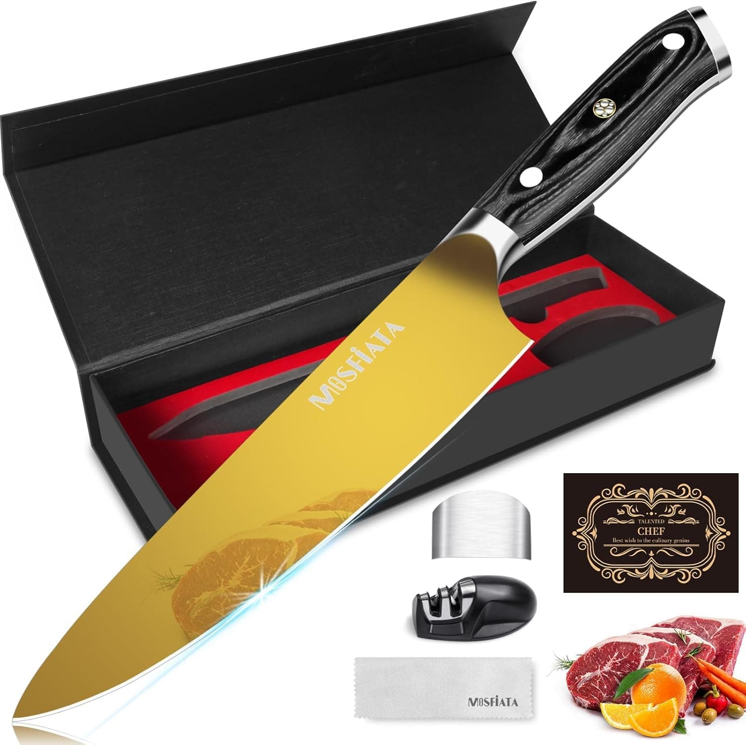 MOSFiATA 8" Chef Knife, Sharp Professional Kitchen Knife High Carbon German EN1.4116 Stainless Steel Cooking Knife, Chopping Knife Kitchen Knives Titanium Gold with Ergonomic Handle, Gift Box