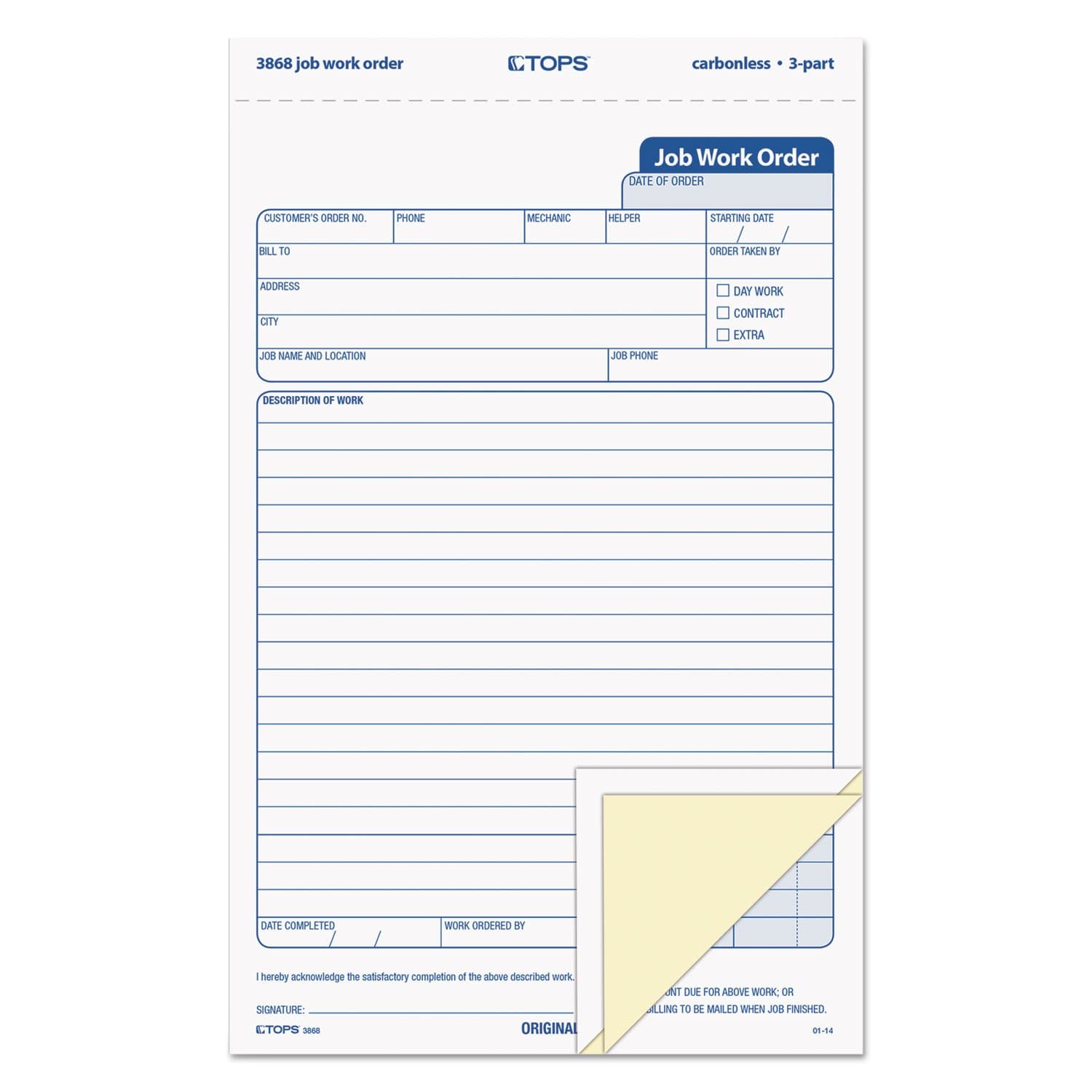 TOPS 3868 Snap-Off Job Work Order Form, 5 2/3" x 8 5/8", Three-Part Carbonless (Pack of 50 Forms)
