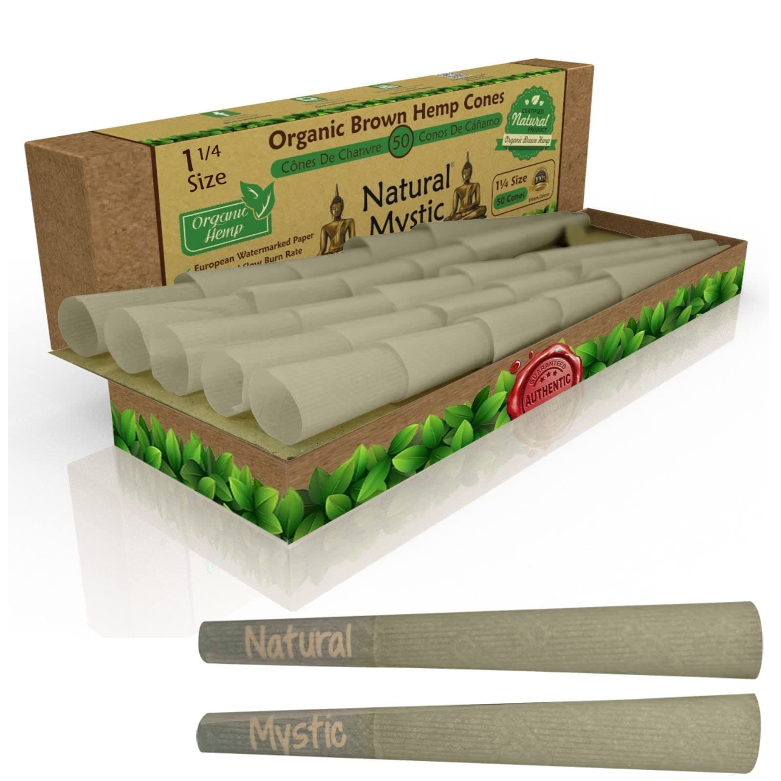 Pre Rolled Cones 1 1/4 Size – 50 Brown Classic Paper Tubes Natural Mystic Organic Rolling Papers With Tips Use Cone Loader Packing Sticks