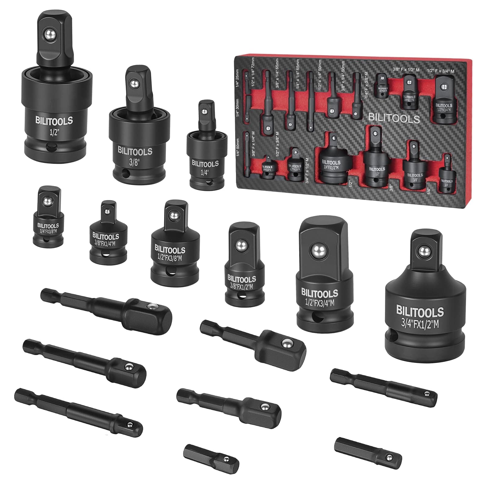 17-Piece Socket Adapter Set, Universal Joint Socket Set, Drill Adapter (1/4", 3/8", 1/2")