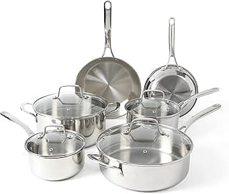Castelle 10 Piece 18/8 Stainless Steel Induction Safe Pots and Pans Non-Toxic Triply Bottom Kitchen Cookware Set