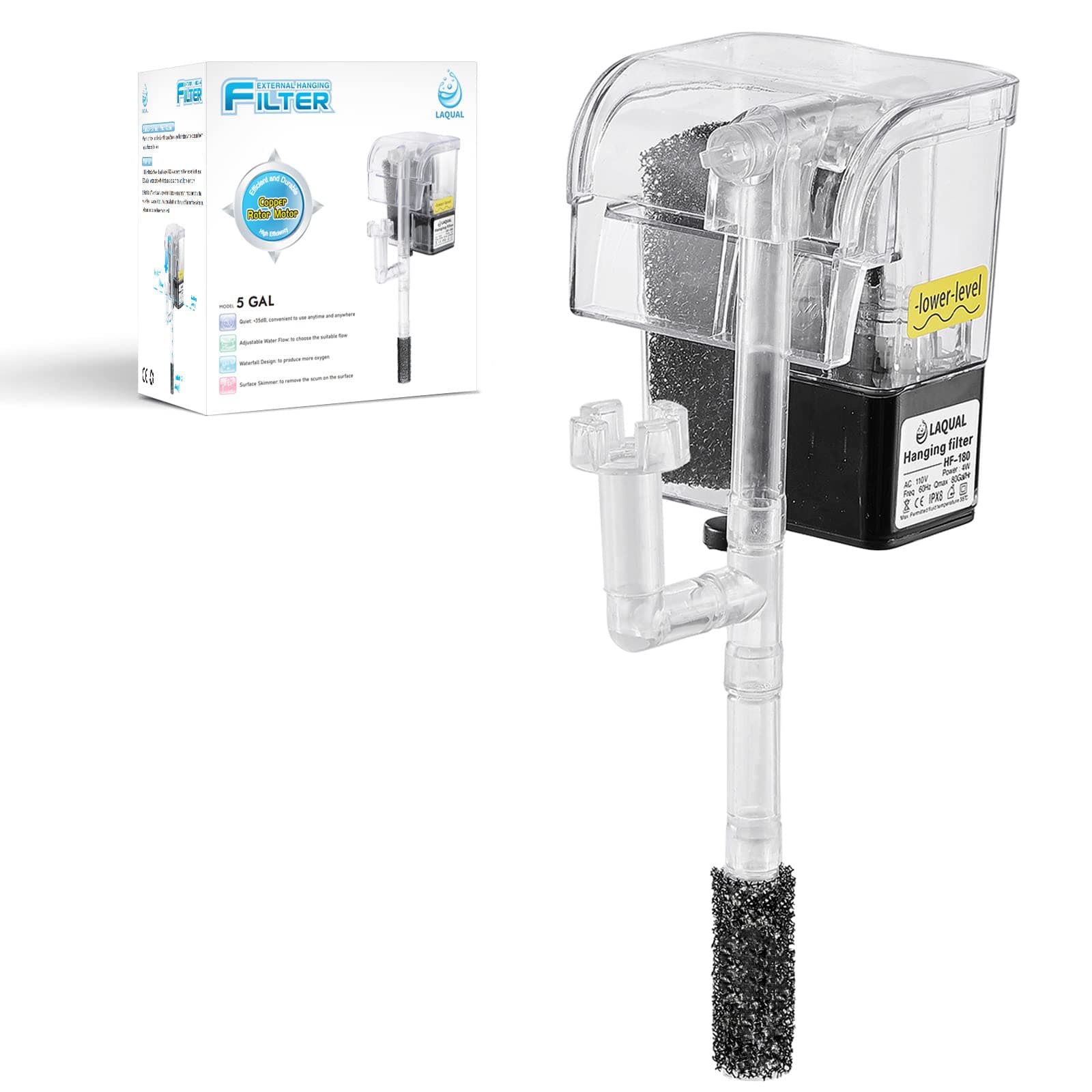 5 Gallon Aquarium Filter with Surface Skimmer, Small Quiet Fish Tank Filter, Biochemical Cotton Filtration & Adjustable Water Flow, Waterfall Design for Increasing Oxygen, Hang on Back Filter