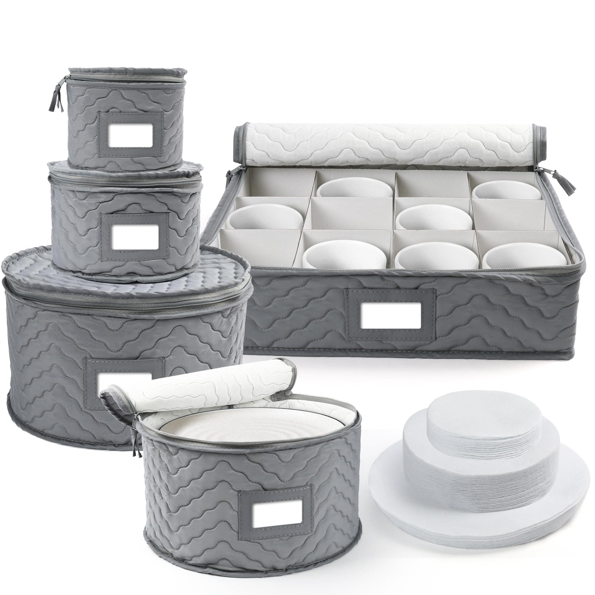 LotFancy China Storage Containers, Quilted 5-Piece Set Storage Box, Chinaware Dinnerware Dish Plate Mug Cup Storage Case, 48 Felt Protectors, Cardboard Dividers Included