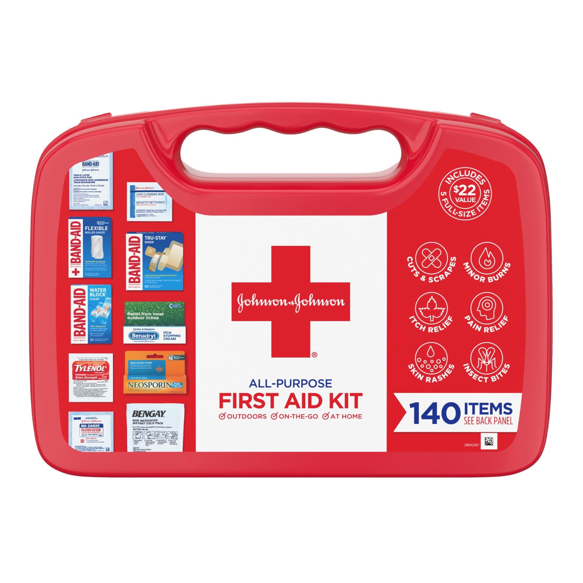 Johnson & Johnson All-Purpose Portable Compact First Aid Kit for Minor Cuts, Scrapes, Sprains & Burns, Ideal for Home, Car, Travel and Outdoor Emergencies, 140 Pieces