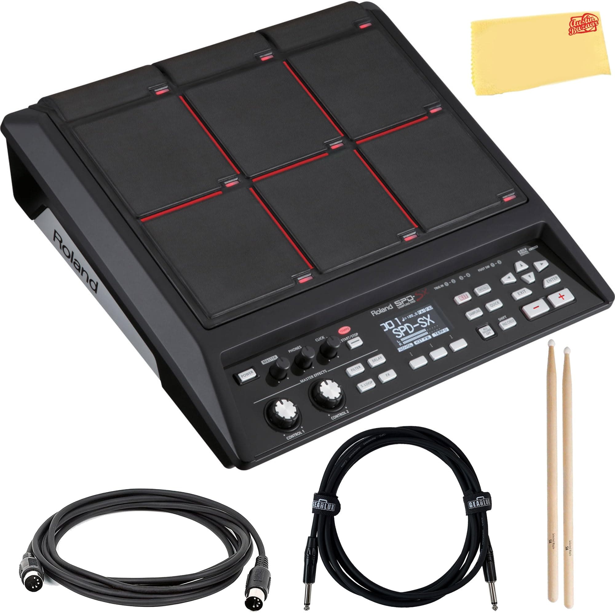 SPD-SX Sampling Percussion Pad Bundle With Drumsticks, MIDI Cable, Instrument Cable, and Austin Bazaar Polishing Cloth