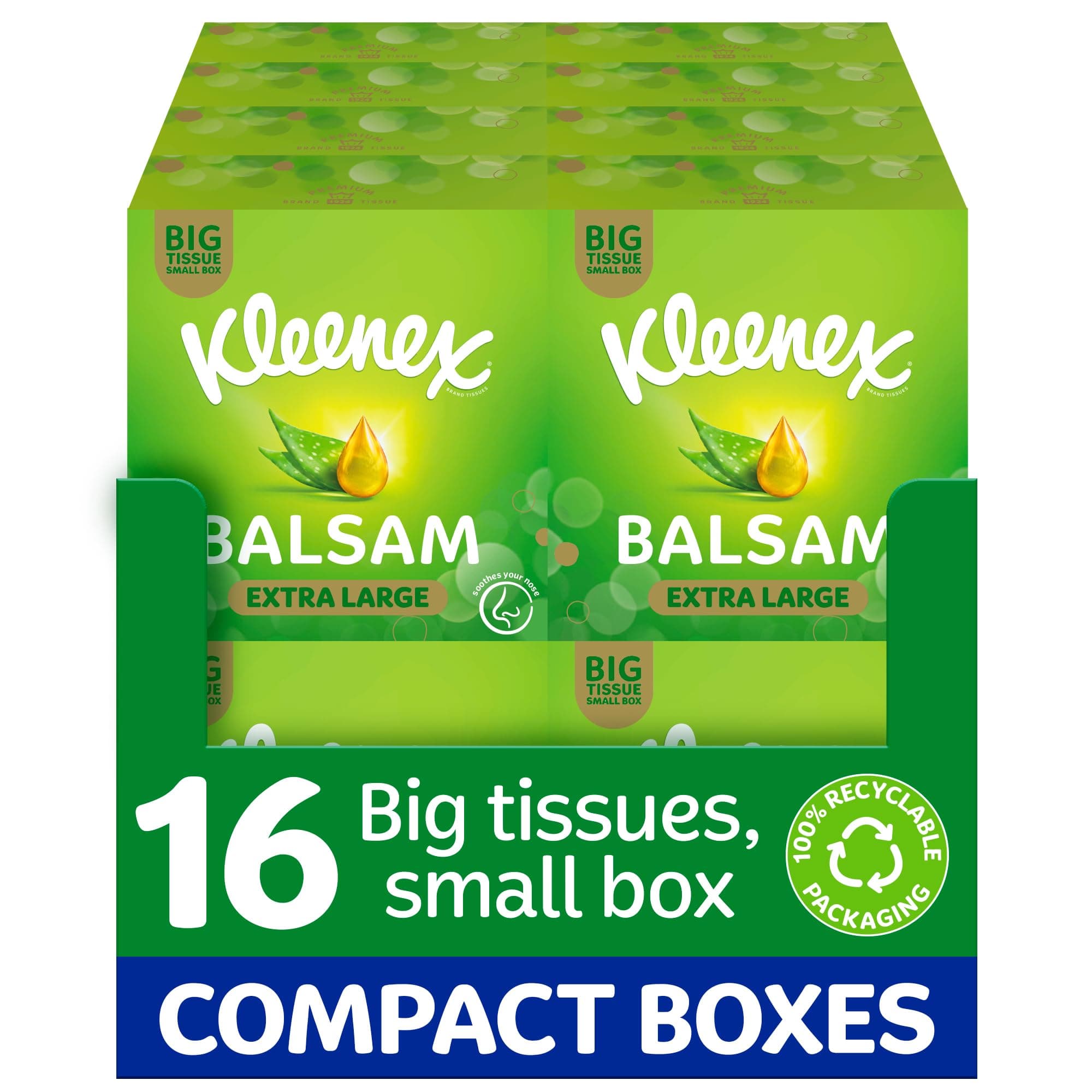 Kleenex® Balsam Extra Large Tissues in 16 Compact Boxes - Protect and Soothe Your Nose When You've Got a Cold - BalmCare with Aloe Vera, Vitamin E and Calendula, 640 Tissues (16 Boxes)