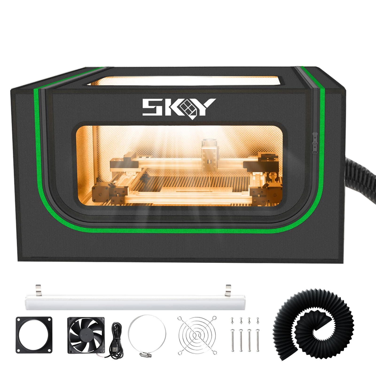 Laser Engraver Integrated Enclosure with LED Light, Fireproof and Dustproof Protective Cover 28.3 * 28.3 * 15.7, Exhaust Fan 4000RPM and Pipe, Against Smoke Odor and Noise Eye Protection-Black