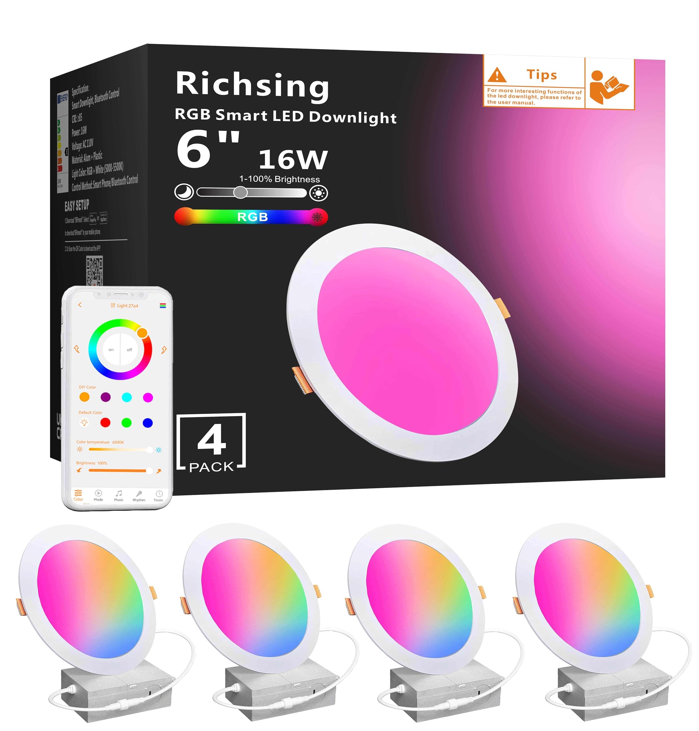 RICHSING Smart Recessed Lighting 6 Inch Control with APP & Alexa, 16W 5000K High Brightness Color Changing RGBW Dimmable Smart Canless LED Recessed Lights Wi-Fi Downlight with Junction Box, 4 Pack
