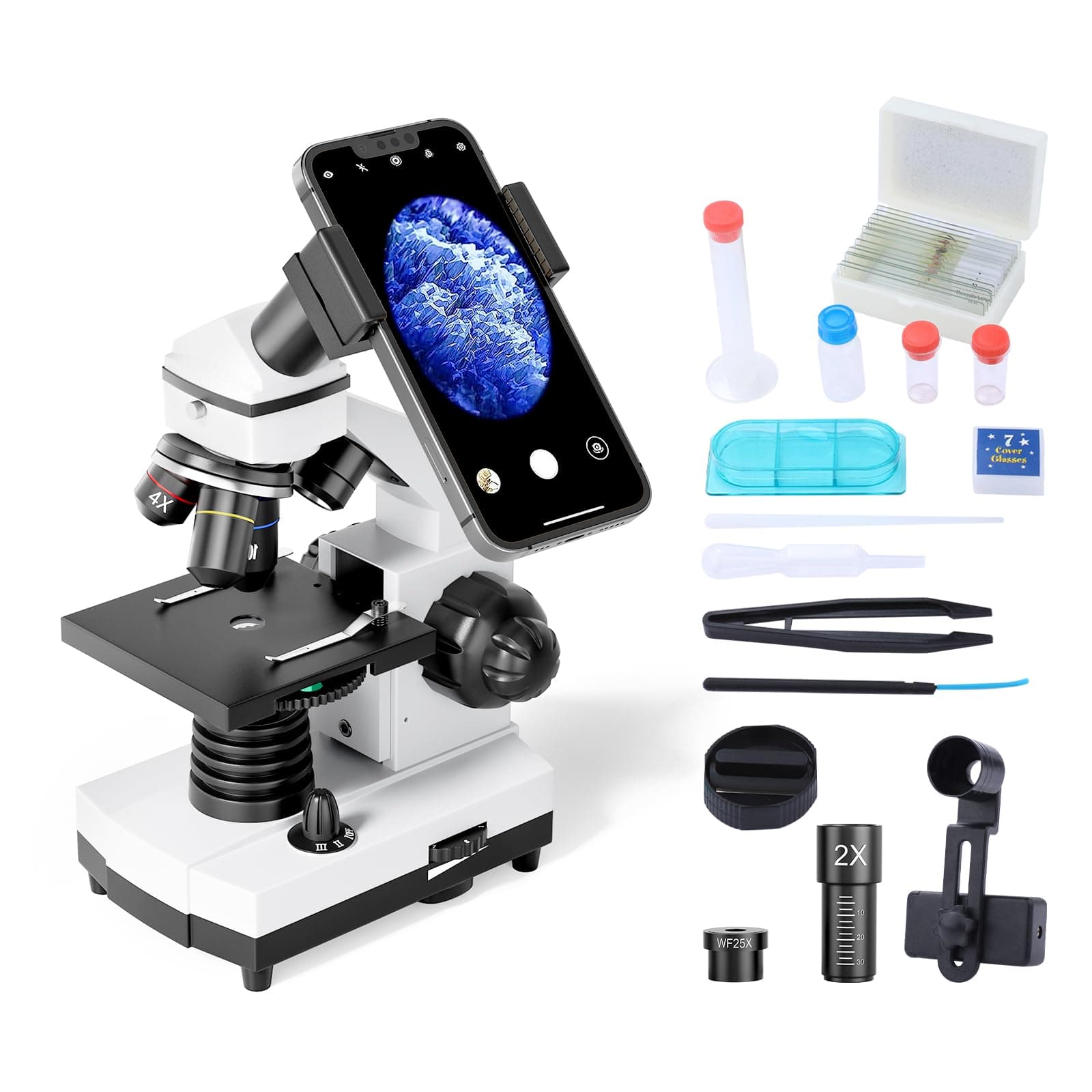 Microscope for Adults Kids Students 100-2000x Powerful Biological Educational Microscopes with Operation Accessories (10p), Slides Set (15p), Phone Adapter, Wire Shutter & Backpack