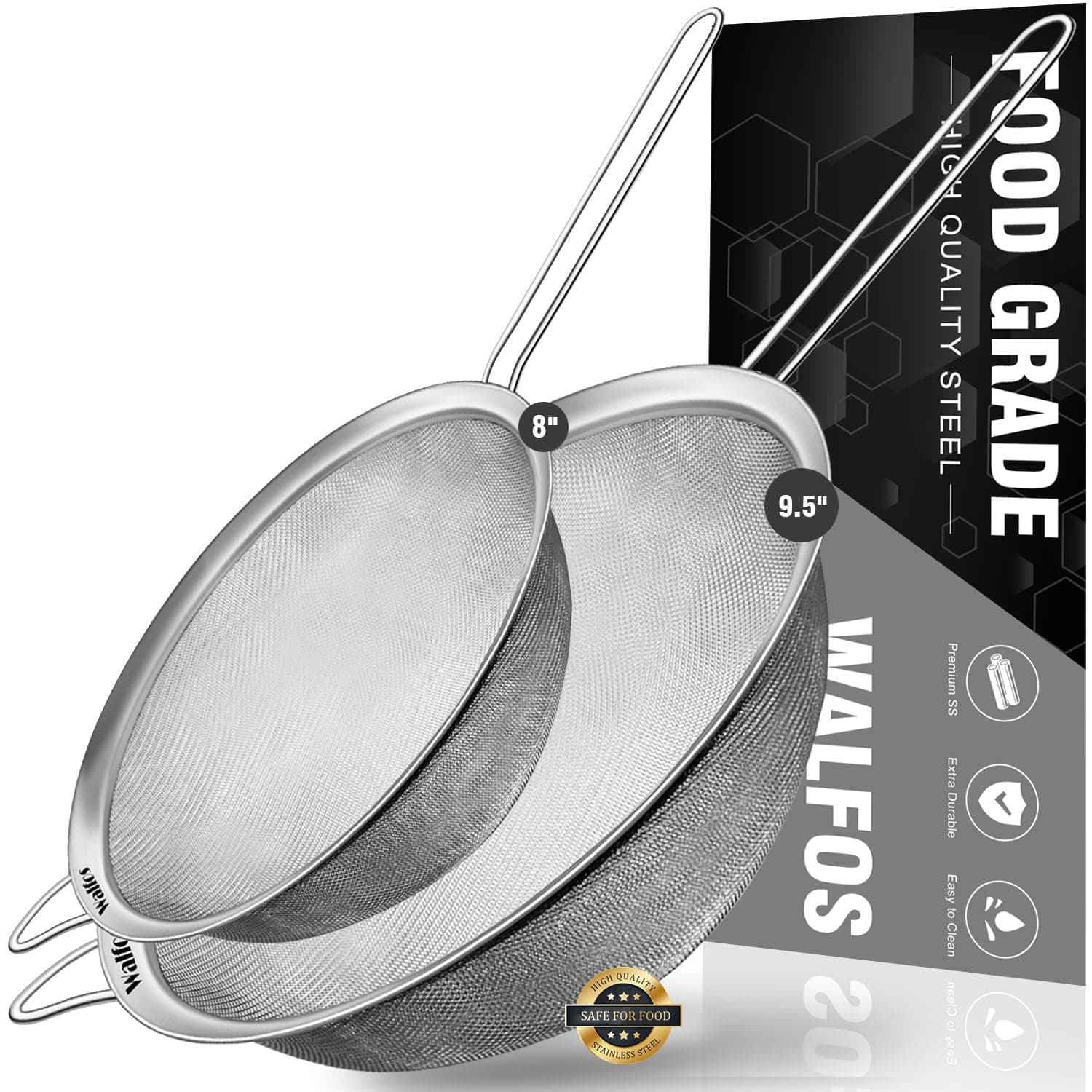 Walfos Large Fine Mesh Strainer 9.35" & 7.8", Stainless Steel Mesh Sieve with Sturdy Handle, Kitchen Metal Food Strainers for Quinoa, Rice, Pasta, Fruits, Vegetables, etc., Set of 2