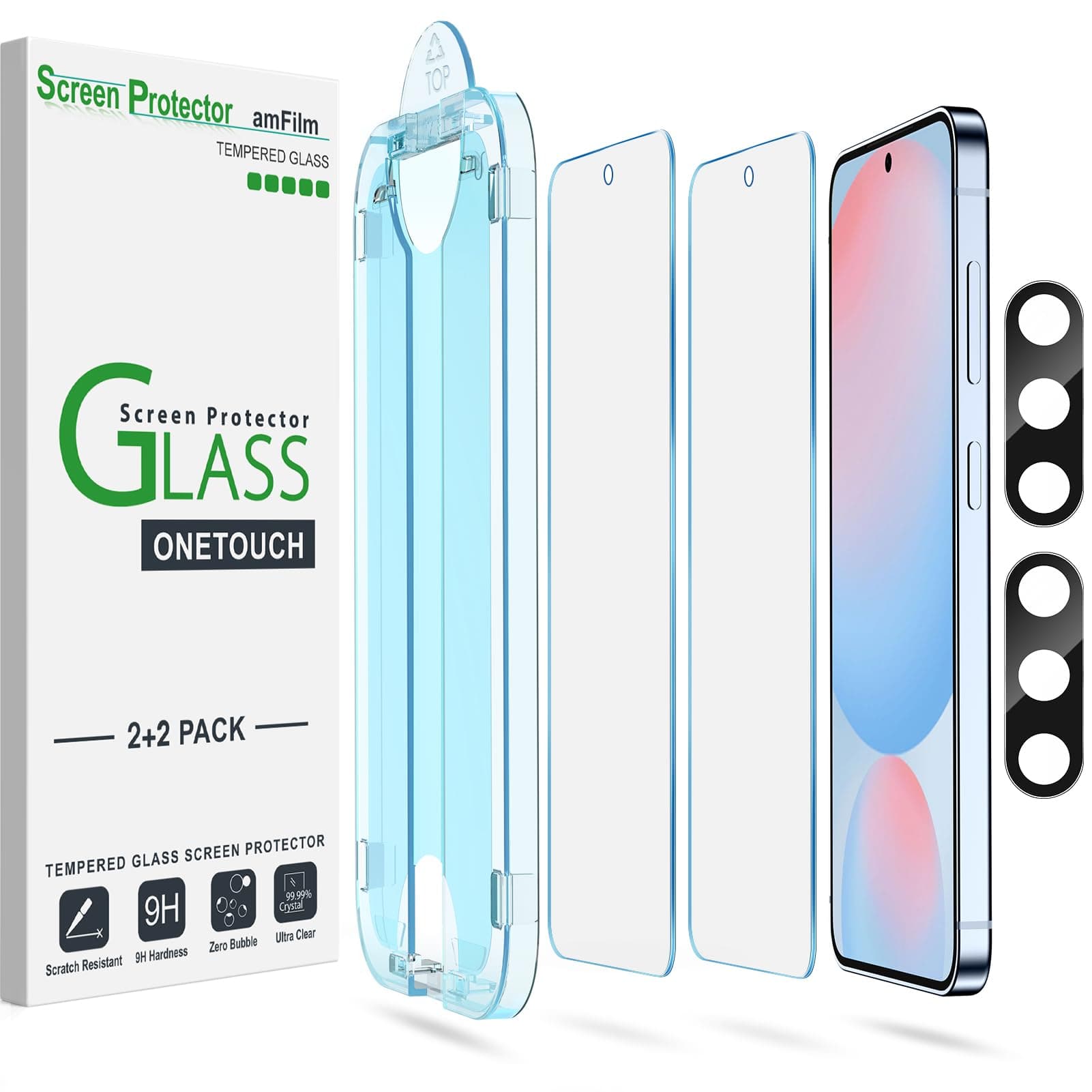 amFilm Auto-Alignment OneTouch for Samsung Galaxy S24 FE 6.7'' Screen Protector + Camera Lens Protector,Tempered Glass,30 seconds Installation, Bubble Free, Case Friendly, Anti-Scratch [2+2 Pack]