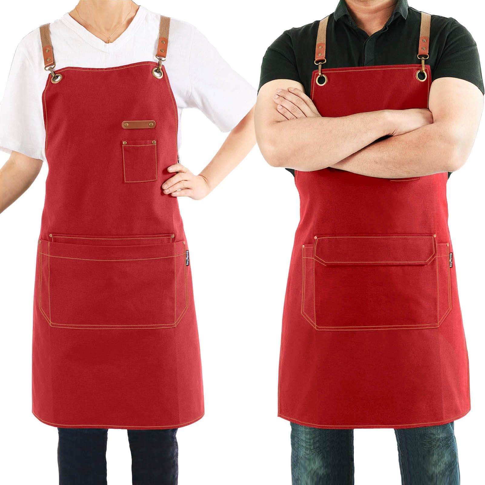 Canvas Apron with Pockets and Cross-back Straps for Chef Kitchen Cooking BBQ, Barista Bartender Barber Shop and Art Gardening Work Professional Aprons - Red