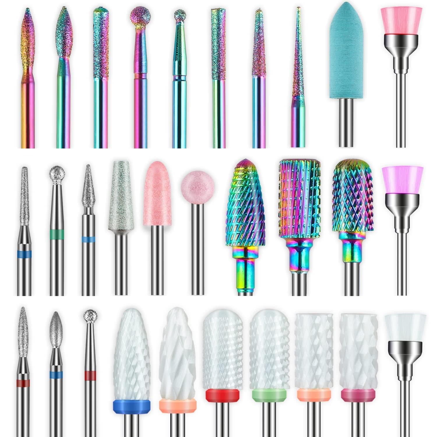 30Pcs Nail Drill Bits,3/32 Inch Ceramic Drill Bits for Nails Sets Acrylic, Diamond Cuticle Efile Carbide Remover Bits for Home Salon Acrylic Gel Nail Manicure Pedicure Tools(Come with 3 Cases)