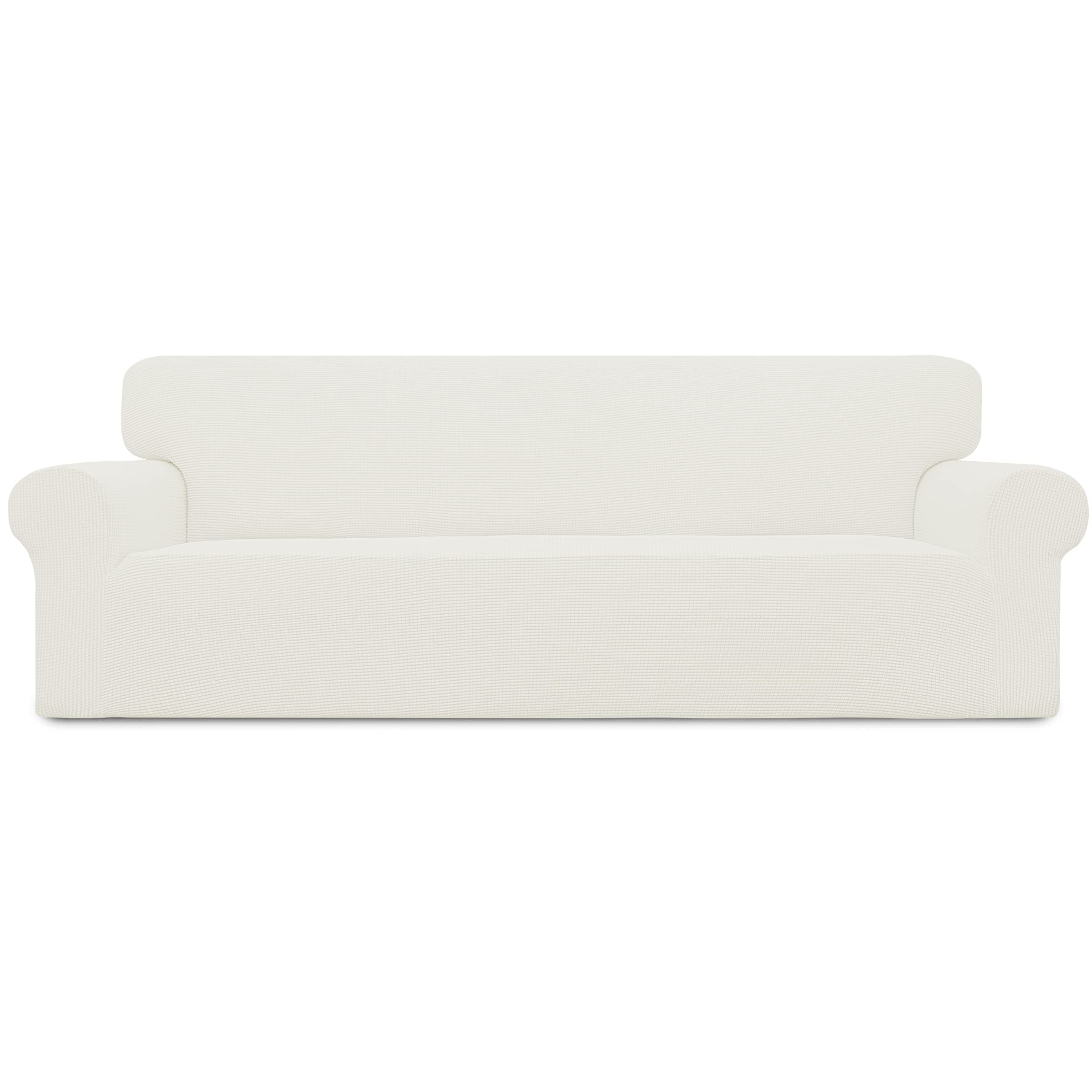 Easy-Going Stretch 4 Seater Sofa Slipcover 1-Piece Sofa Cover Furniture Protector Couch Soft with Elastic Bottom for Kids, Polyester Spandex Jacquard Fabric Small Checks Cream