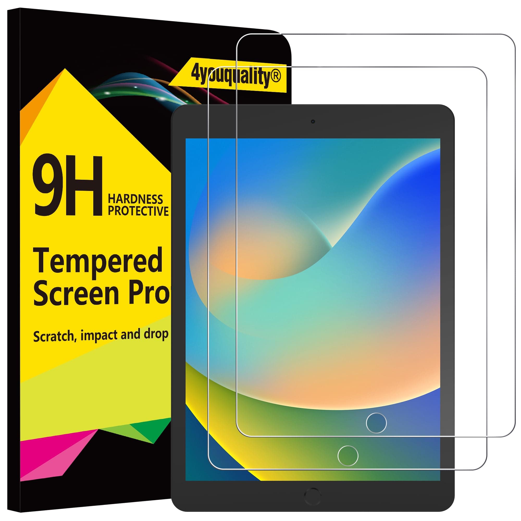 4youquality 2-Pack Screen Protector for iPad 9th/8th/7th Generation (10.2-Inch, 2021/2020/2019 Model), Tempered Glass Film, Anti-Scratch, Impact-Resistant