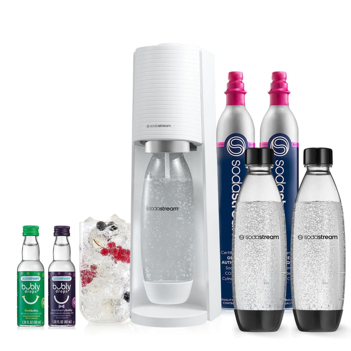 Terra Sparkling Water Maker Bundle (White), with CO2, DWS Bottles, and Bubly Drops Flavors