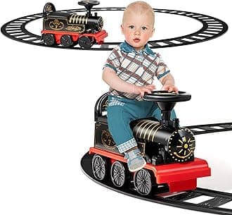 GYMAX Ride On Train with Tracks, 6V Kids Electric Car with Storage Seat, Music & Lights, Toddler Battery Powered Ride On Toy for 3 Years Old+ Boys Girls (Black), 52 x 22 x 35 cm (L x W x H)