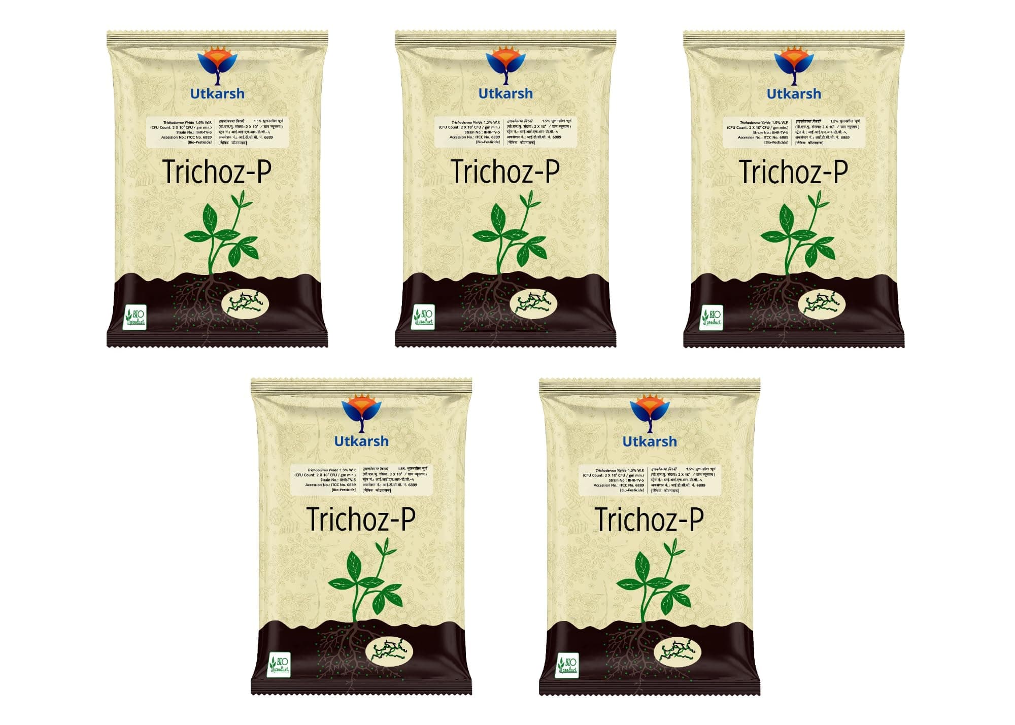 Utkarsh Trichoderma Viride 1.5% W.P.: 2 x 10^6 CFU/gm min. for Plants, Crops and Home Gardening - Trichoz-P (5 Kg; Pack of 5 of 1 Kg)