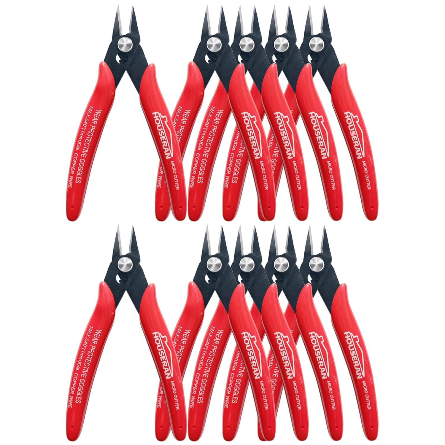 170 Wire Cutters, 10 PACK, 5 Inch Micro Flush Cutter, HOUSERAN Small Wire Cutters Spring Loaded Cutting Pliers, Side Cutters, Diagoanl Cutters for Jewelry Making, Models, Zip Ties Plastic Wire Snips