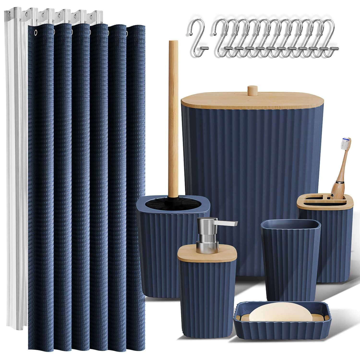 Clara Clark Bathroom Accessories Set - Bathroom Set, Bathroom Accessory Set, Shower Curtain Set, Toilet Brush, Trash Can & Soap Dispenser - Navy - 20PC
