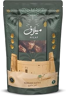 Milaf Sukkari Dates Natural Sweetness Premium Large Dates Nutrient-Rich High Fibre Energy Boost Pouch Convenient Storage Ideal Snacking Cooking Smoothies Sustainably Grown Fresh Dates (250g, Sukkari)