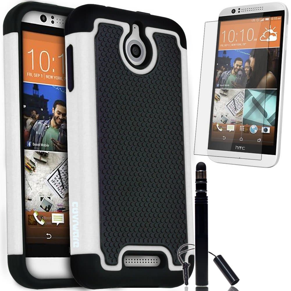 COVRWARE HTC Desire 510-3 in 1 Bundle - Armor Defender Series Protective Case [HD Film & Aluminum Stylus Pen] - White