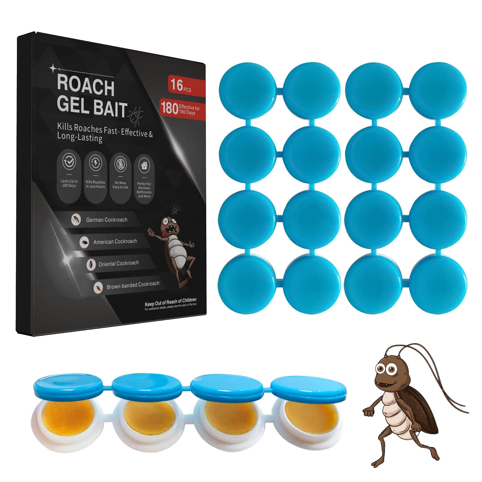 16 Pack Cockroach Gel Bait, Highly Effective Roach Gel Bait Indoor Infestation Solution, Fast Acting Cockroach Killer Indoor Home Kitchen Use, Easy to Apply & No Mess Roach Bait, Long-Lasting