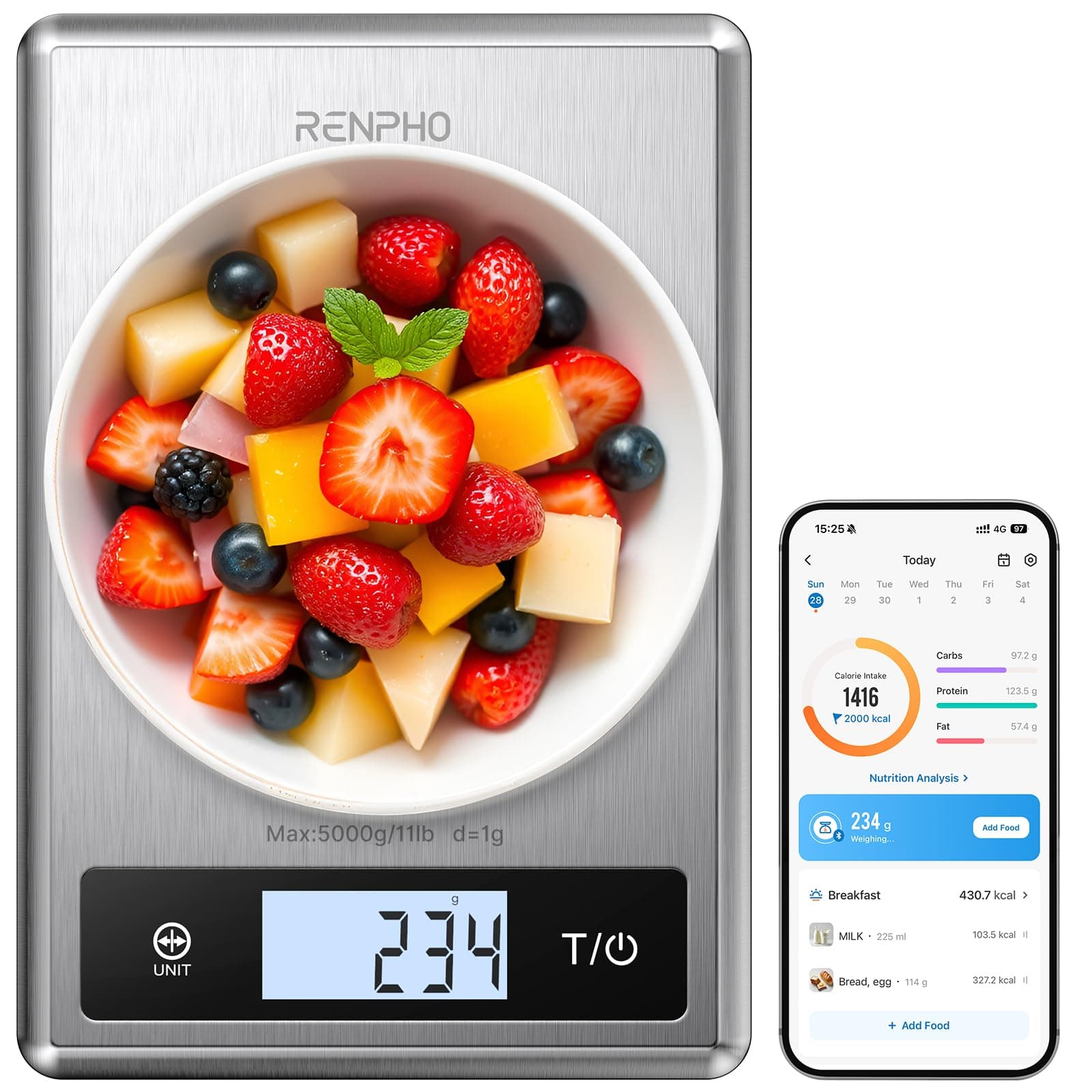 Digital Food Scale, Kitchen Scale Weight Grams and oz for Baking, Cooking and Coffee with Nutritional Calculator for Keto, Macro, Calorie and Weight Loss with Smartphone App, Stainless Steel
