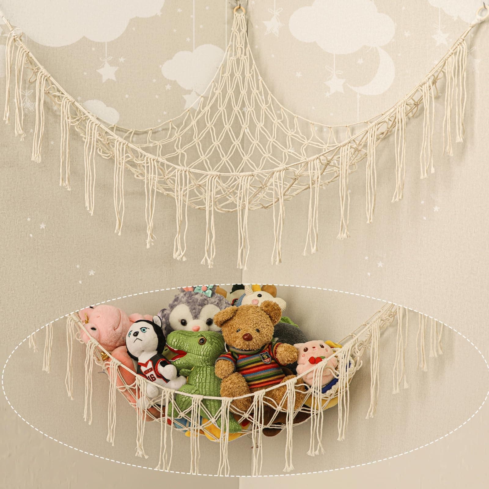 Boho Stuffed Animals Net or Hammock Large,55 inch Toy Hammock Macrame Stuff Animal Storage Corner Hanging Net Holder,Mesh Hammock Plush Toy Organizer with Tassel & Hooks for Bedroom,Nursery (White)