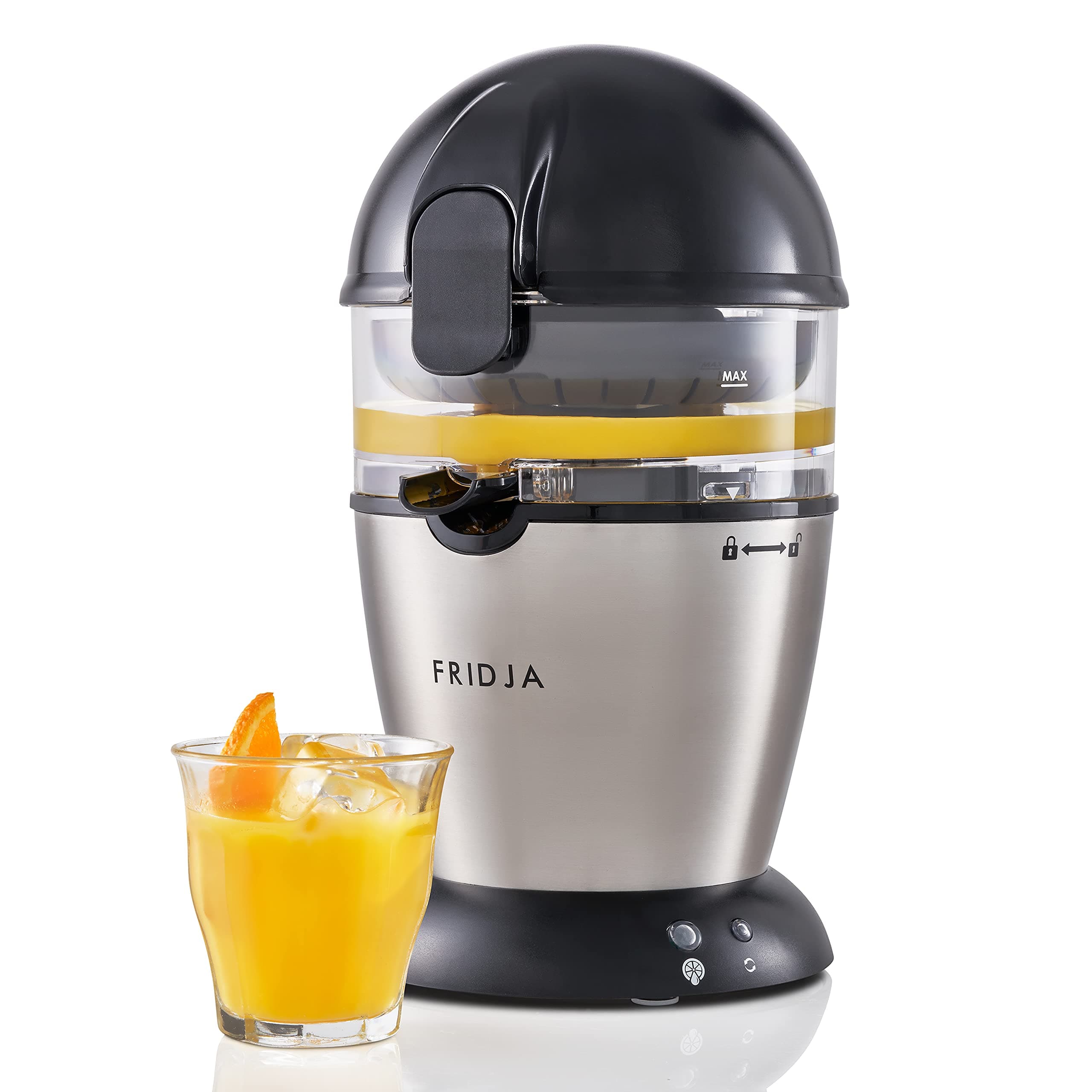 Automatic Citrus Juicer (One Button to Operate) No Spills, No Splashes, Easy Clean. Orange and Grapefruit Squeezer for Freshly Pressed Juice, Stainless Steel, 50 W, 400 milliliters, f900