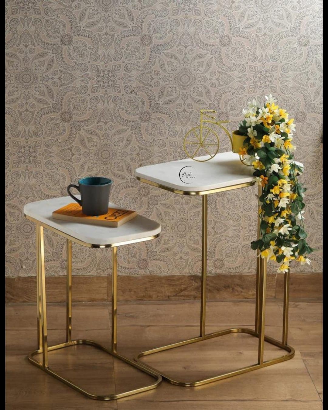 RIZIK STORE™ Iron Frame Handmade Rectangular Sofa Side Table with Premium Wooden top for Sofa Side, Bed Side, Drawing Room, Bed Room 18" x 11" x 21" Set of 2 (White Set of 2)