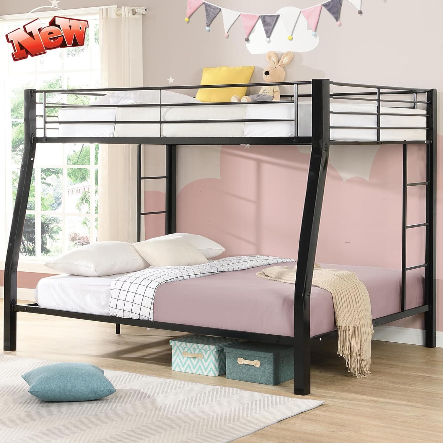 Higher Quality Full XL Over Queen Bunk Bed with 2 Ladders, Heavy-Duty Metal Bunk Bed Full XL Over Queen Size for Kids Boys Girls Teens Adults, Modern Style Queen Size Bunk Bed (Black)