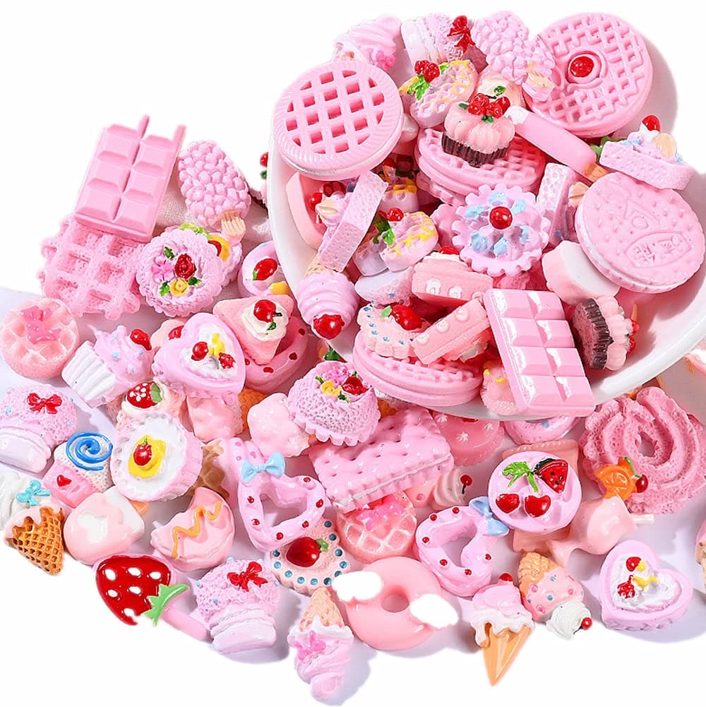 Zhiheng Random 30 Pack Cute Candy Plastic Beads Fruit Dessert Ice Cream Resin Charms Slices Flatback Buttons for Handcraft Accessories Scrapbooking Phone Case Decor (Baby Pink)