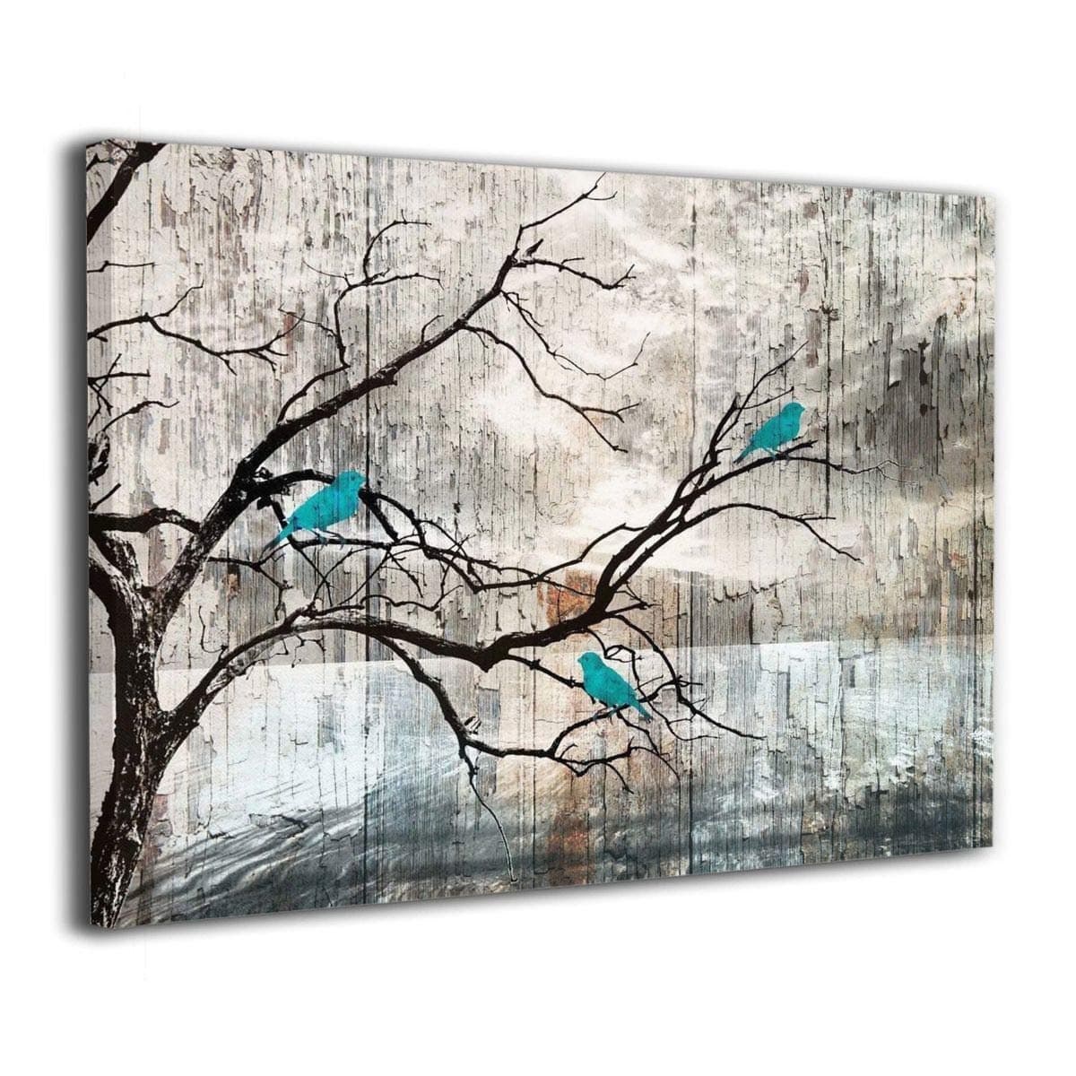 Amonee 16"x20" Canvas Wall Art Print Rustic Teal Brown Rustic Birds On Tree Branch Framed Canvas Pictures Prints Contemporary Artwork Ready to Hang for Home Decoration Wall Decor