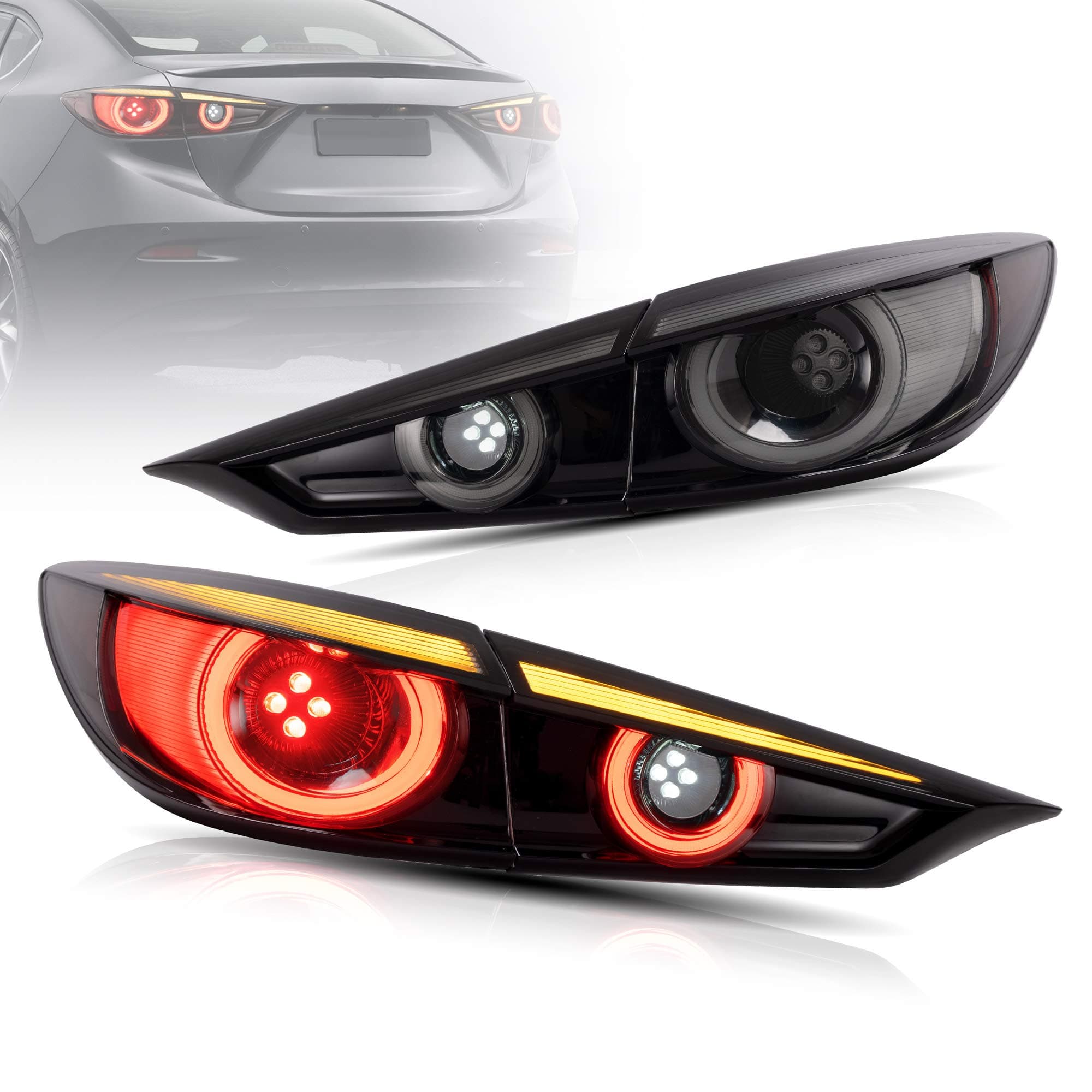 VLAND LED Sequential Tail Lights Compatible for Mazda 3 Axela 2014-2018, Reverse Running Brake LED Rear Lamp assembly, Smoked Lens, Not For Hatchback
