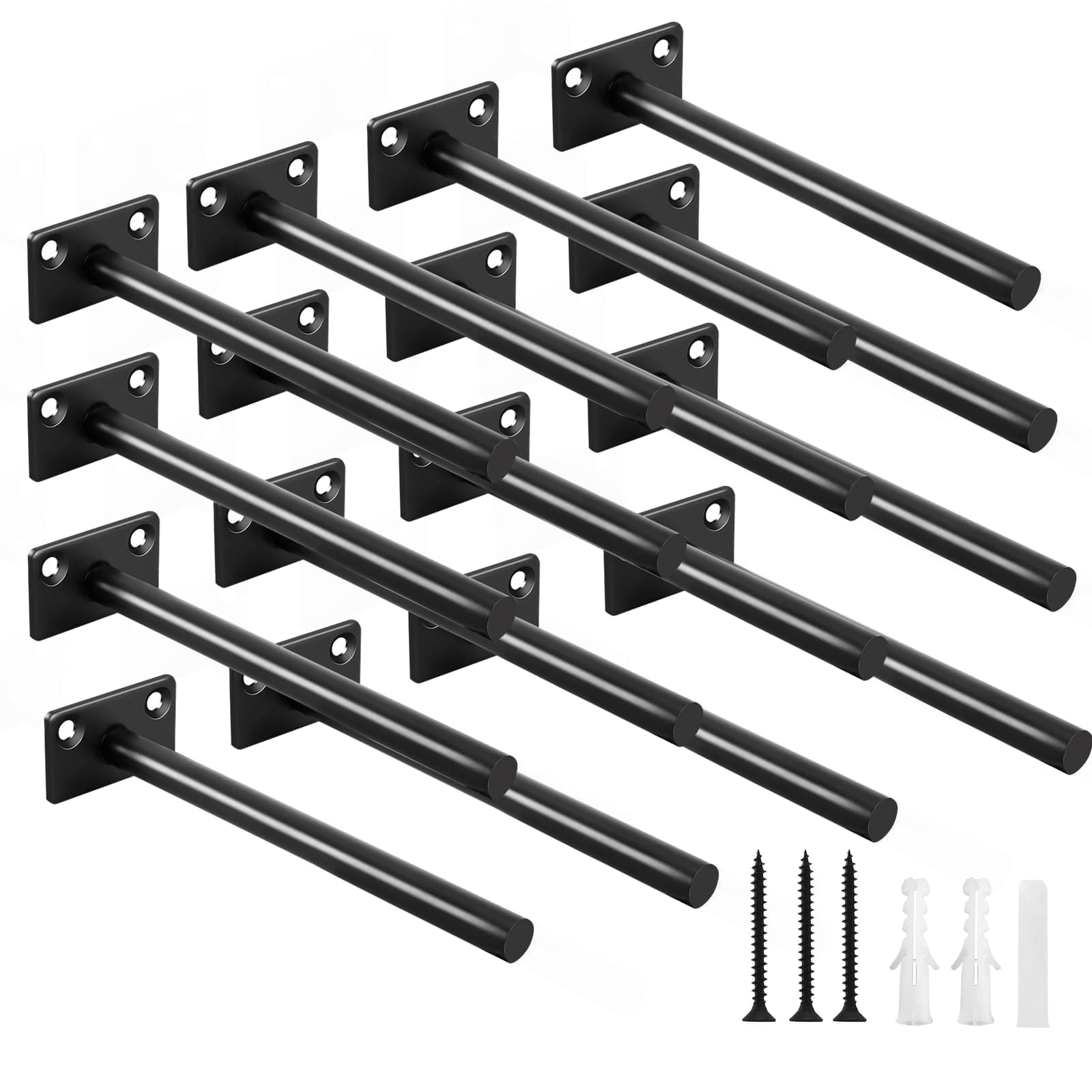 16 Pcs 6" Black Solid Steel Floating Shelf Bracket Blind Shelf Supports - Hidden Brackets for Floating Wood Shelves - Concealed Blind Shelf Support – Screws and Wall Plugs Included