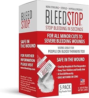 BleedStop™ First Aid Powder for Blood Clotting, Trauma Kit, Blood Thinner Patients, Camping Safety, and Survival Equipment for Moderate to Severe Bleeding Wounds or Nosebleeds 5 Pack 15g