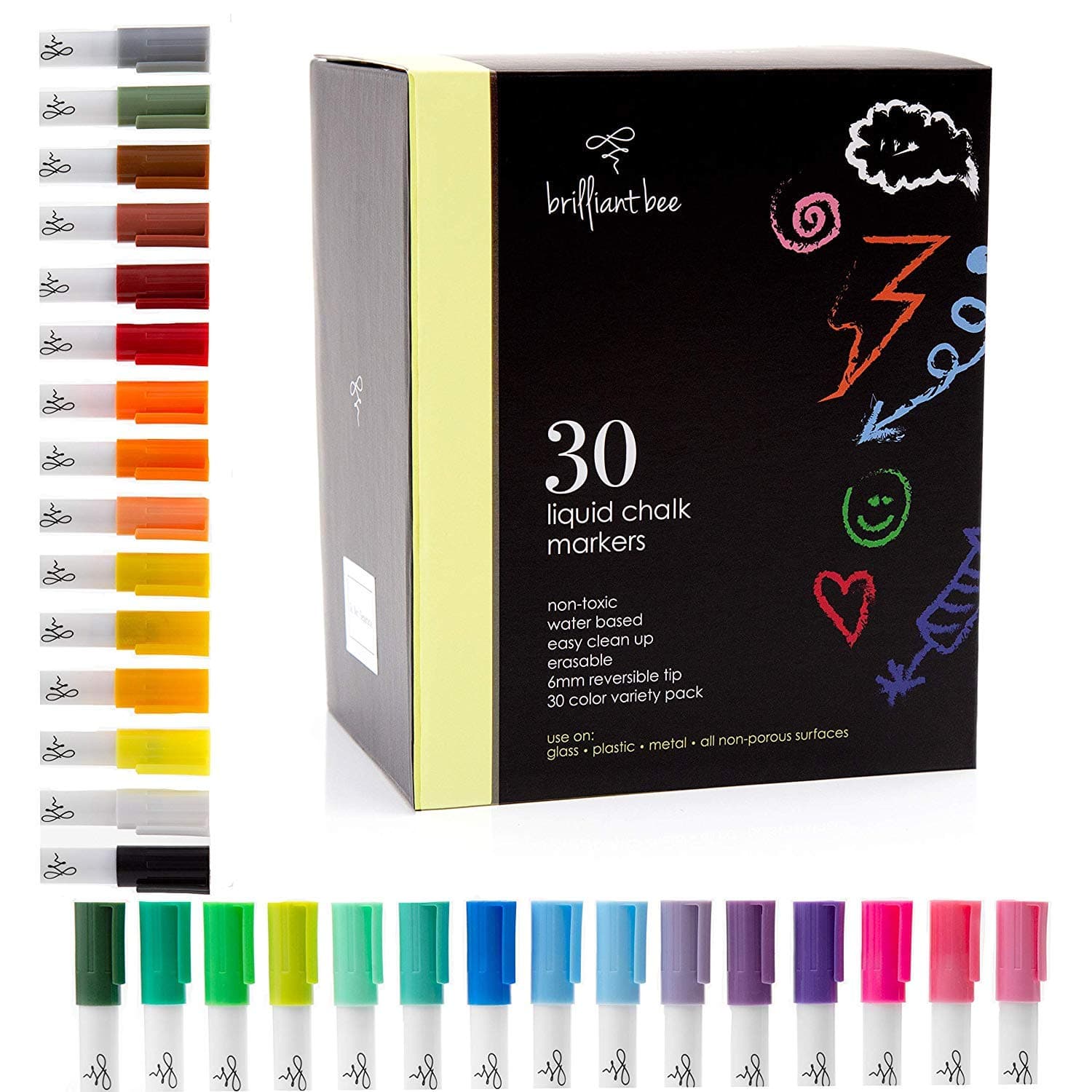 Brilliant Bee - Liquid Chalk Marker 30 Pack Multi Color - Reversible Chisel and Round Tip