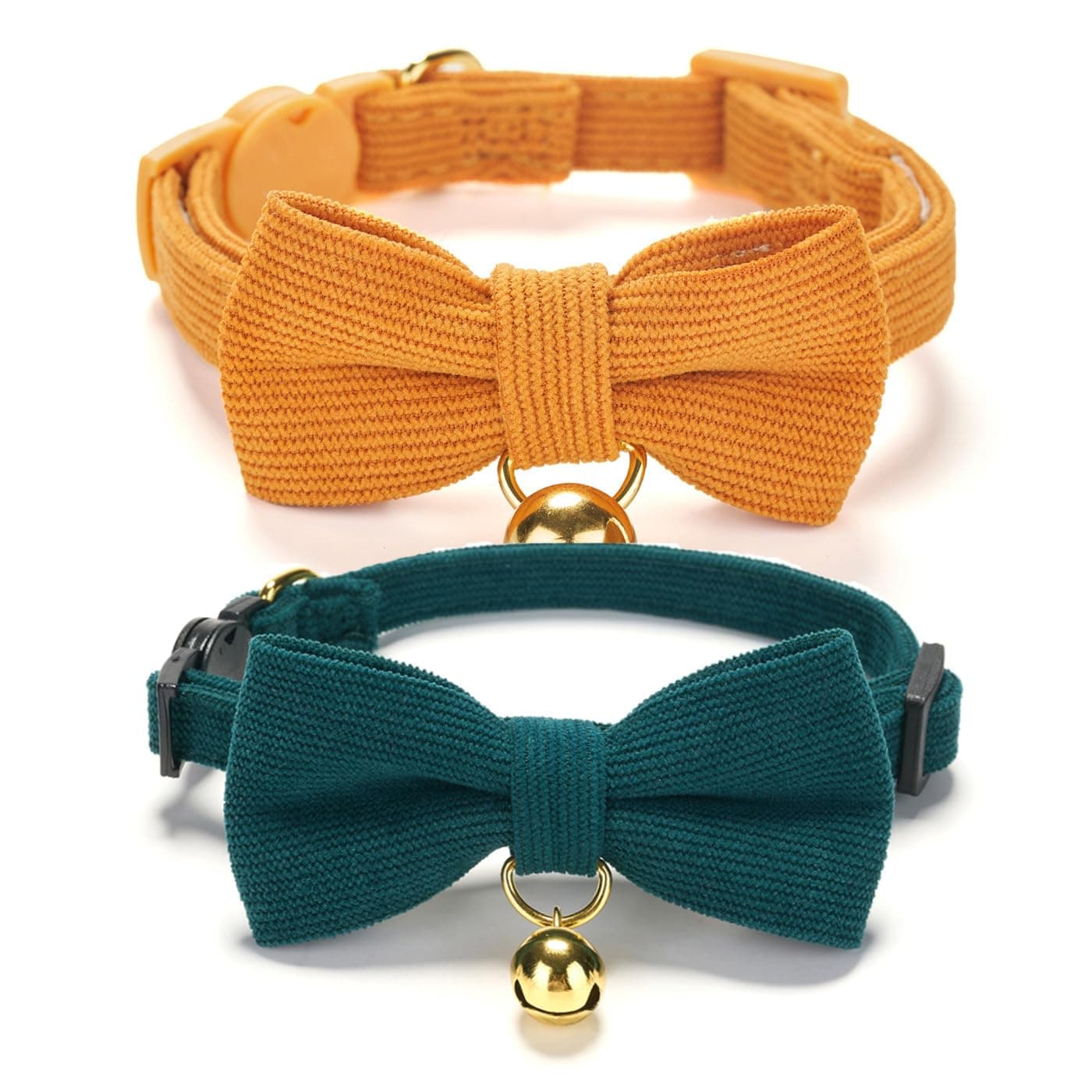 2 Pack Soft Corduroy Cat Collars with Bow Tie & Bell, Adjustable Breakaway Cotton Kitty Bowtie Collar for Girl Boy Kitten (Orange & Green)