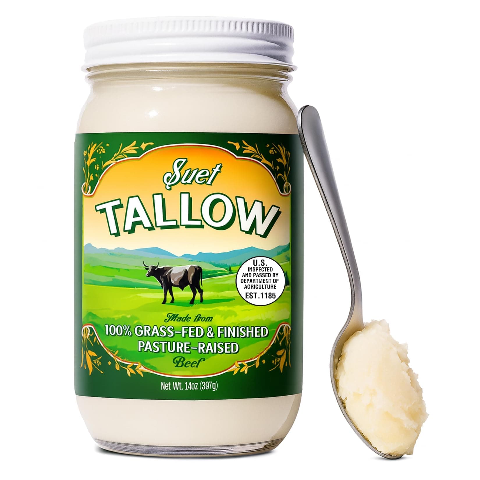 Pasture Raised Beef Tallow, Grass-Fed & Grass-Finished, Made from Beef Suet for More Nutrients, 14oz Glass Jar