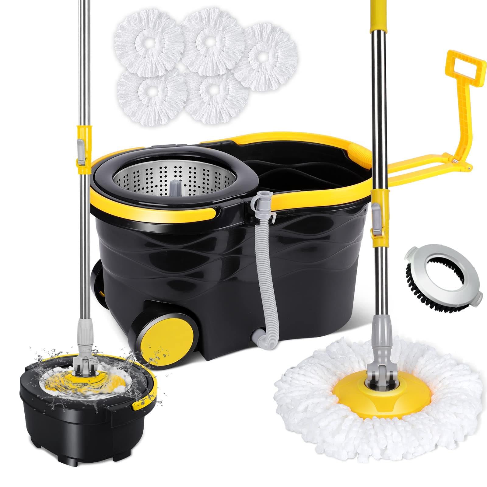 Masthome Spin Mop and Buckets Sets, 12L Magic Spinning Mop with Wheels, Microfiber Mop Bucket System with 5 Replacement Mop Pads Refills