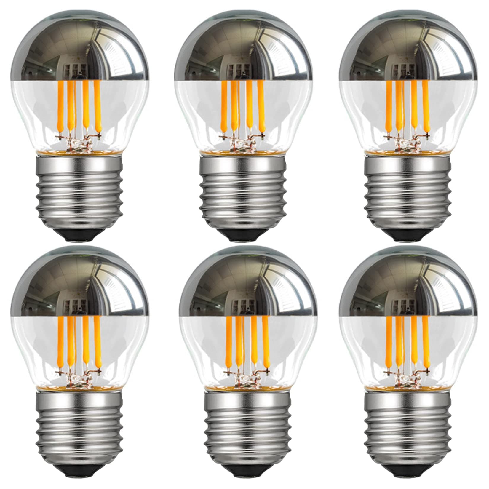 G45 G14 Half Chrome Light Bulb 4W Dimmable G45 Globe Silver Mirror Reflected Light 40W Equivalent Warm White 2700K Silver Tipped Mirror Light Bulb E26 Base Decorative LED Edison Bulb, 6 Pack