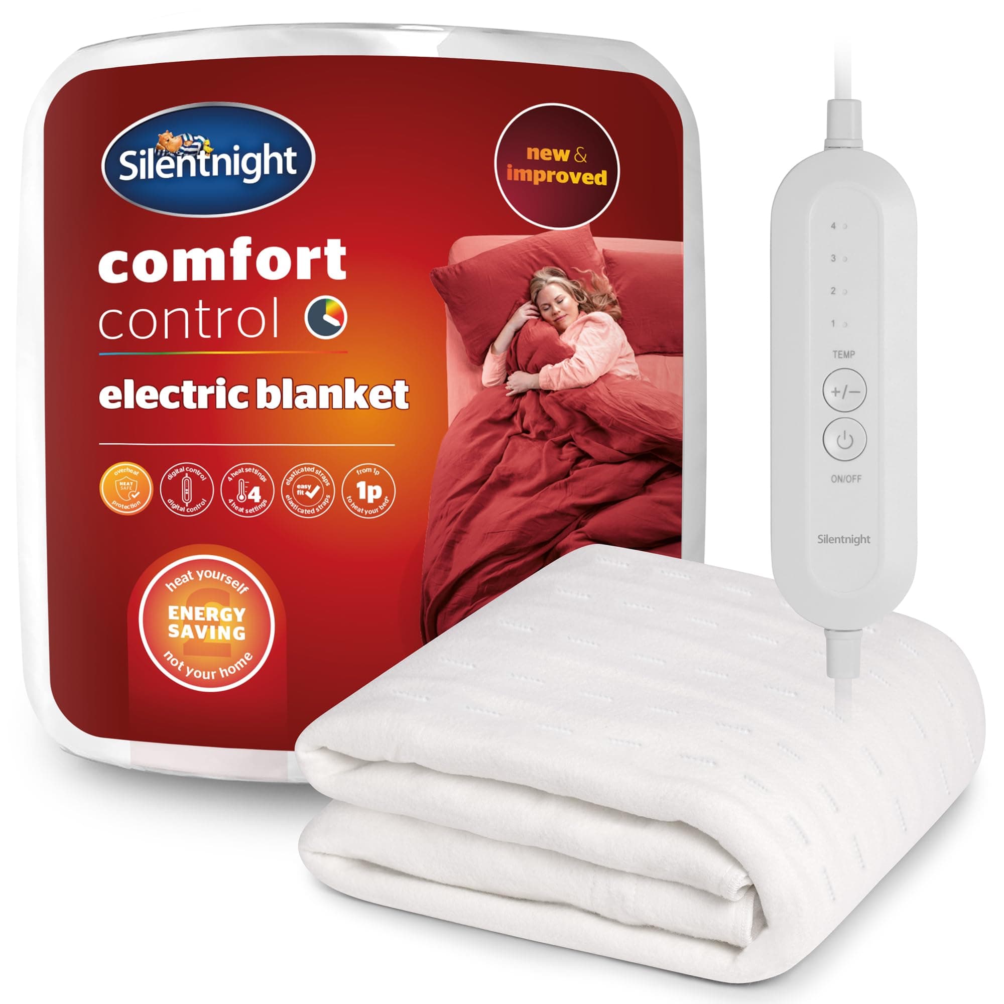Comfort Control Electric Blanket Single Bed - Heated Underblanket with 4 Heat Settings - Fast Heat Up - Overheat Protection and Easy Fit Straps - Machine Washable - Single - 135x72cm