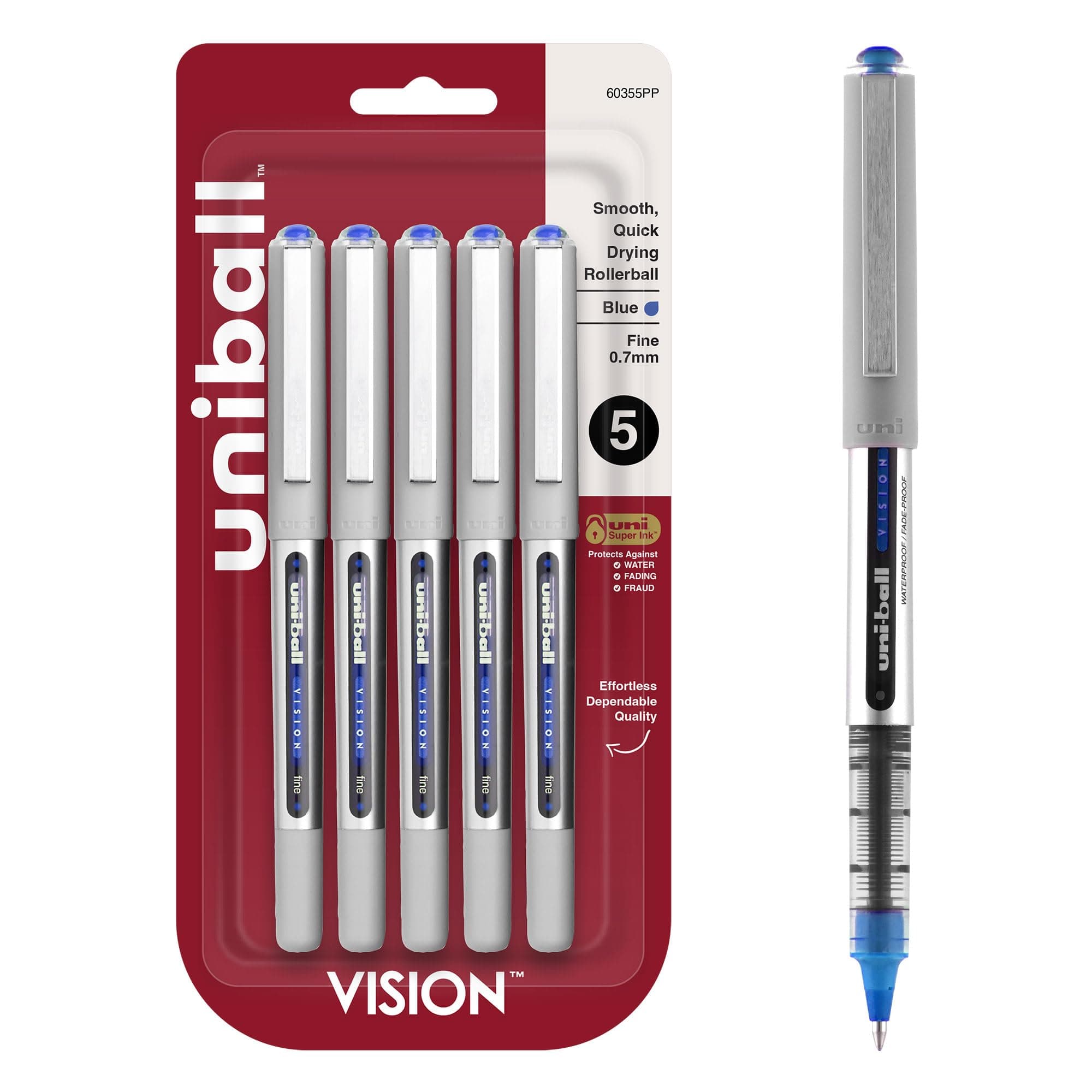 uni-ball Vision Rollerball Pens, Fine Point (0.7mm), Blue, 5 Count